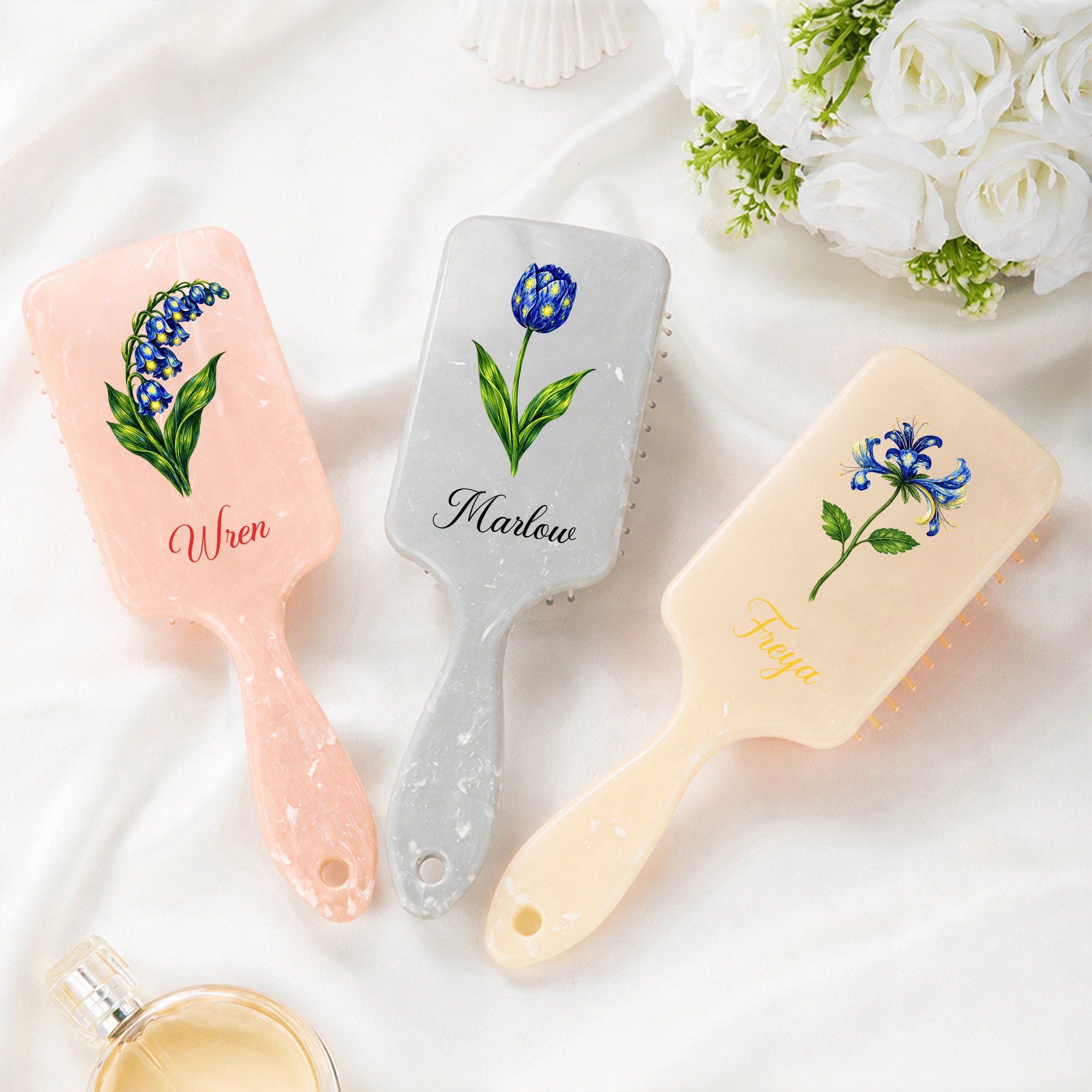 Personalisierte Haarbürste mit Sternenhimmel-Motiv und Geburtsblume – antistatischer Massagekamm mit Namen und Schleife – Make-up-Accessoire für den täglichen Gebrauch – Geburtstagsgeschenk für Frauen
