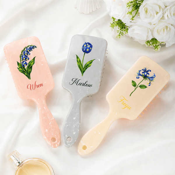 Personalized Starry Sky Birth Flower Hair Brush Anti-Static Massage Comb with Name and Ribbon Makeup Tool Daily Use Birthday Gift for Women Girls