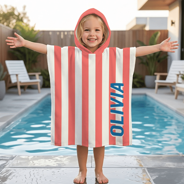Personalized Multicolor Stripes Hooded Beach Towel with Name Travel Beach Use Birthday Summer Vacation Gift for Kids Family