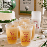 Individuell gestalteter, mehrfarbiger Kunststoffbecher in Milchglasoptik mit Golfball-Motiv, aus lebensmittelechtem Kunststoff, mit Namen, Jahr und Text – ein Geschenk für Geburtstagsfeiern, Zusammenk