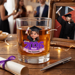 Personalised Cartoon Character Photo Year 10 oz Rock Whisky Glass with Name and School Name Graduation Gift for Graduates Whisky Enthusiasts