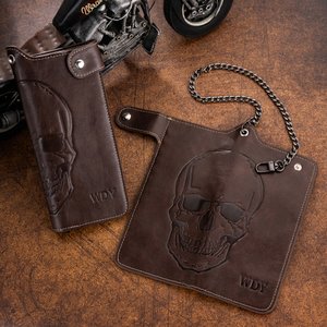 Personalized Skull PU Leather Bifold Wallet with Initials and Chain Birthday Father's Day Gift for Husband Father