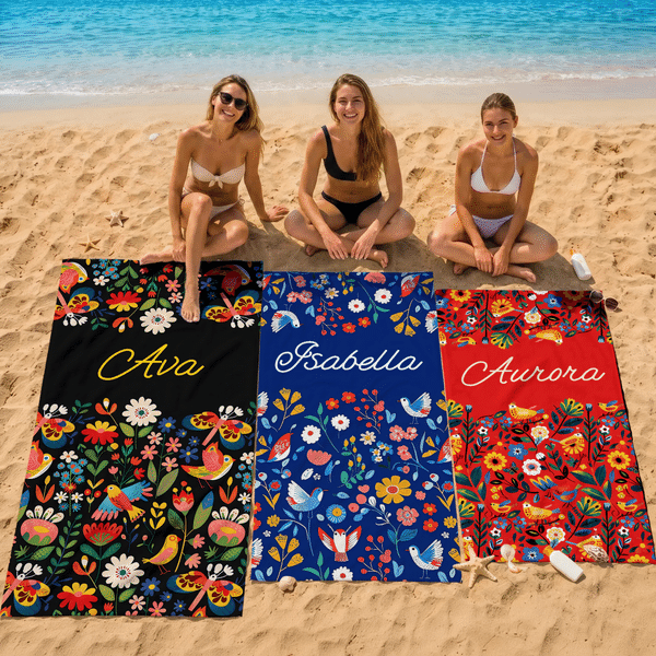 Personalised Colourful Folk Art Flower Oversized Quick Drying Beach Towel with Name Summer Vacation Pool Party Gift for Woman Friend