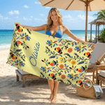 Individuell gestaltetes, farbenfrohes Strandtuch im Folk-Art-Stil mit Blumenmuster, übergroß und schnell trocknend – mit Namen – Geschenk für den Sommerurlaub, die Poolparty oder für eine Freundin