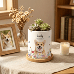 Personalised Pet Photo Floral Ceramic Plant Pot with Name Date and Bamboo Tray Daily Use Pet Memorial Sympathy Gift for Pet Owner Lover