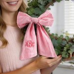 Personalized Pink Gingham 100% Cotton Bow Wreath Sash with Initial or Monogram Front Door Decor Valentine's Day Anniversary Gift for Couples