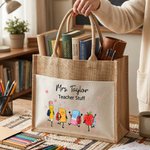 Personalised Crayon Apple Cute Teaching Stuff Jute Tote Bag with Title and Name Appreciation End of School Gift for Teacher