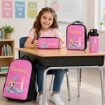 Personalized Colourful Animal Pattern Backpack Lunch Bag Pencil Case Water Bottle with Name Back to School Set of 4 Birthday Gift for Girl Student