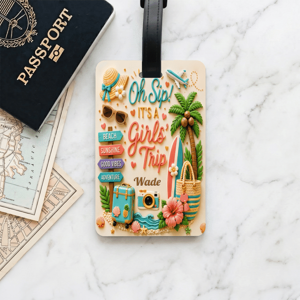 Personalized Oh Sip It's a Girl's Trip Colorful Luggage Tag with Name Summer Vacation Travel Birthday Gift for Travelers Besties Girlfriends