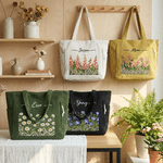 Personalized Lace Patchwork Style Birth Flower Large Capacity Corduroy Tote Bag with Name Daily Use Travel Birthday Gift for Woman