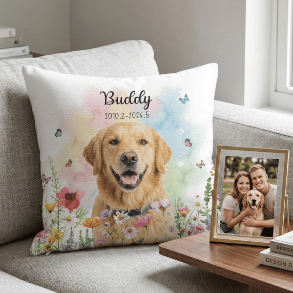 Personalized Pet Photo Floral Soft Throw Pillow Cover with Name and Date Home Decor Pet Memorial Sympathy Gift for Pet Owner Lover