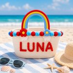 Personalized Cute Flower Cotton Rope Kids Beach Bag with Rainbow Style Handle and Name Summer Vacation Beach Party Birthday Gift for Kids Best Friends