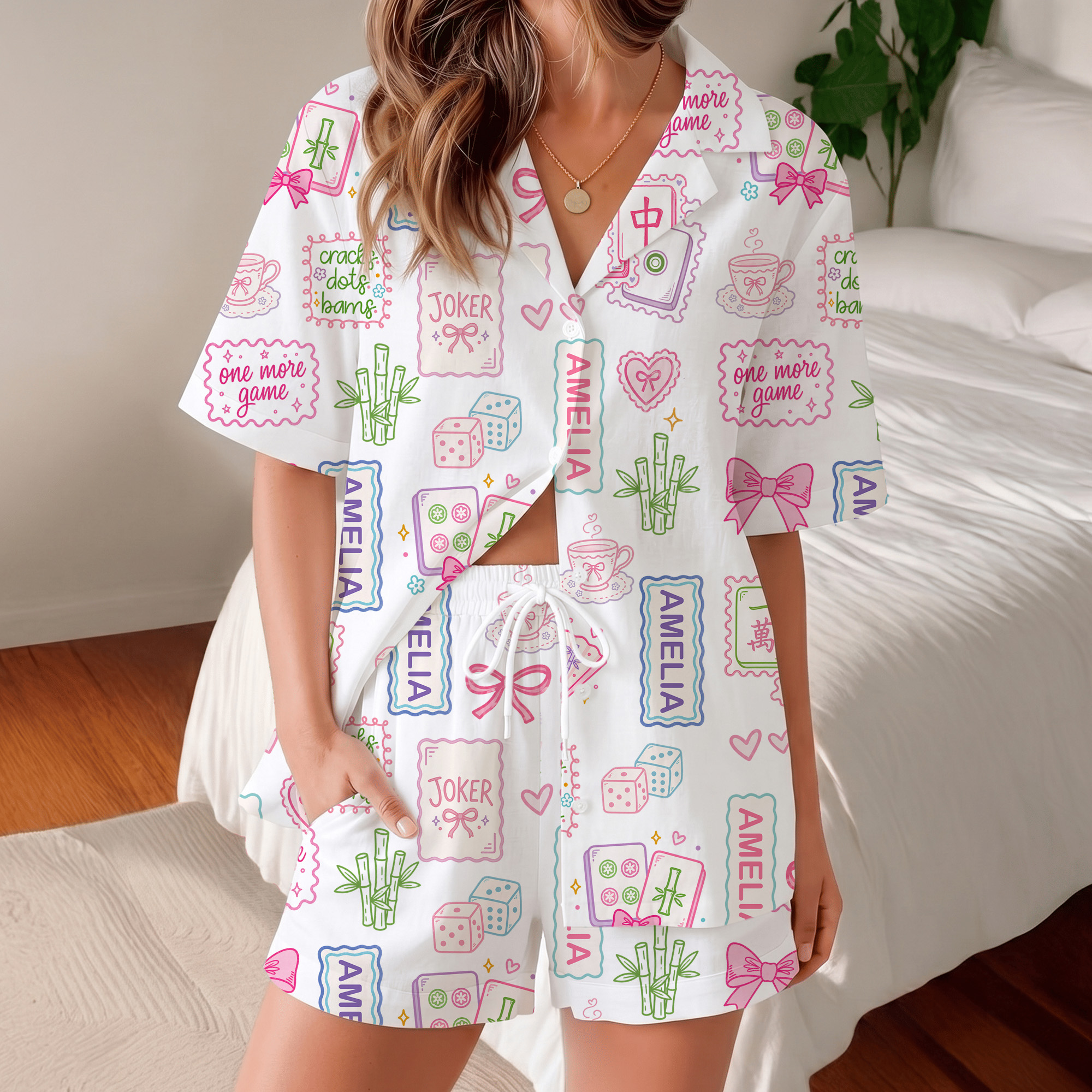 Personalisiertes Mahjong-Pyjama-Set mit kurzen Ärmeln und Namensaufdruck – Sommer-Hauskleidung, Mahjong-Nacht, Geburtstagsgeschenk für Mahjong-begeisterte Frauen