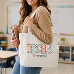 Personalised Flower Teacher Text Large Capacity Corduroy Tote Bag with Zipper Daily Use Work Essential Birthday Teacher's Day Gift for Teacher