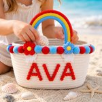 Personalized Cute Flower Cotton Rope Kids Beach Bag with Rainbow Style Handle and Name Summer Vacation Beach Party Birthday Gift for Kids Best Friends