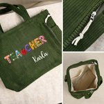 Personalized Cartoon Apple Teacher Name Large Capacity Corduroy Tote Bag with Zipper Daily Use Work Essential Birthday Teacher's Day Gift for Teacher