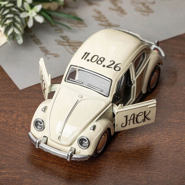 Modelo de coche escarabajo vintage miniatura personalizado con nombre y fecha de boda regalo de agradecimiento para pajes y padrinos