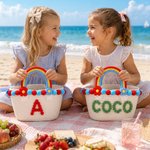 Personalized Cute Flower Cotton Rope Kids Beach Bag with Rainbow Style Handle and Name Summer Vacation Beach Party Birthday Gift for Kids Best Friends