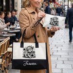 Personalized Highland Cow Sunflower Canvas Tote Bag Linen Makeup Bag with Name Birthday Mother's Day Gift for Highland Cow Lovers
