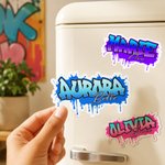 Imán para la nevera personalizado con nombre y diseño de graffiti multicolor: decoración para el hogar y la oficina; regalo ideal para fiestas y cumpleaños, para familiares y amigos