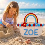 Personalized Cute Flower Cotton Rope Kids Beach Bag with Rainbow Style Handle and Name Summer Vacation Beach Party Birthday Gift for Kids Best Friends