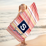 Personalised Retro Stripes Quick Dry Oversized Beach Towel with Initial Name and Drawstring Bag Beach Party Birthday Gift for Female Girl