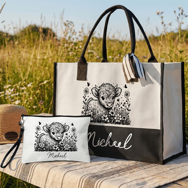 Personalized Highland Cow Sunflower Canvas Tote Bag Linen Makeup Bag with Name Birthday Mother's Day Gift for Highland Cow Lovers