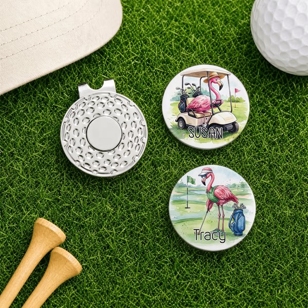 Personalised Watercolour Flamingo Golf Ball Marker with Magnetic Hat Clip and Name Golf Club Game Day Gift for Golf Players Lovers