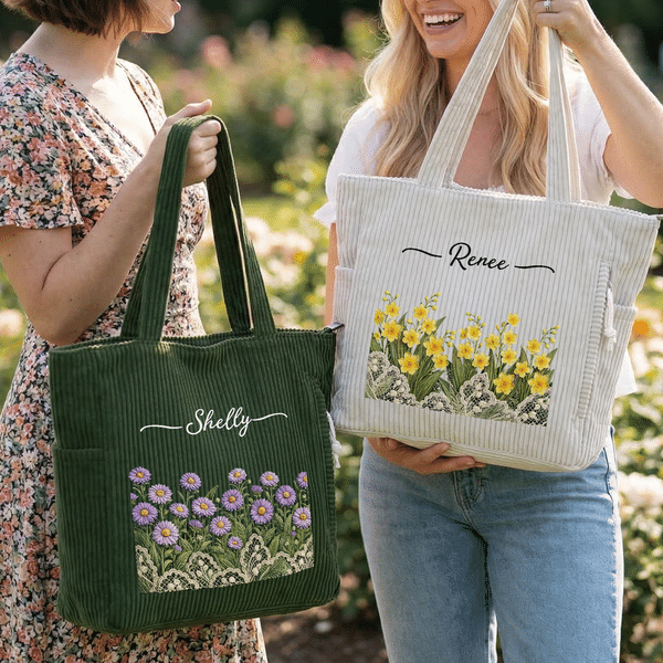 Personalized Lace Patchwork Style Birth Flower Large Capacity Corduroy Tote Bag with Name Daily Use Travel Birthday Gift for Woman