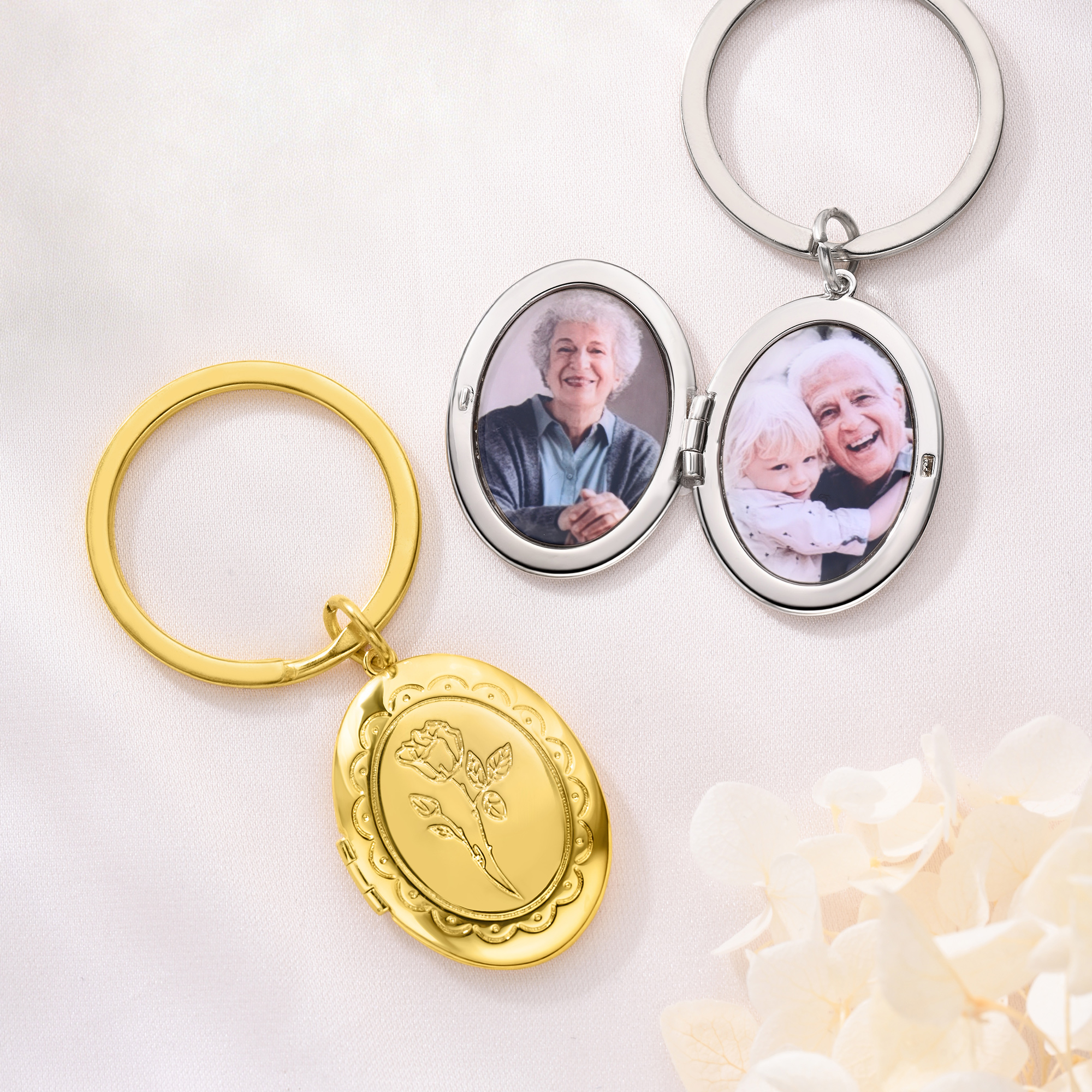 Personalisierter Schlüsselanhänger mit Fotomedailillon und Geburtsblume sowie Initialen – Geschenk für den Alltag, zum Jahrestag oder zum Geburtstag für Frauen