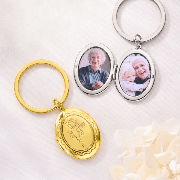 Porte-clés photo personnalisé avec fleur de naissance et initiale – Cadeau de tous les jours, d'anniversaire ou de mariage pour femme