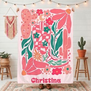 Personalised Retro Boho Watercolour Floral Cowboy Boot Soft Throw Blanket with Name Home Decor Birthday Holiday Gift for Friends Family