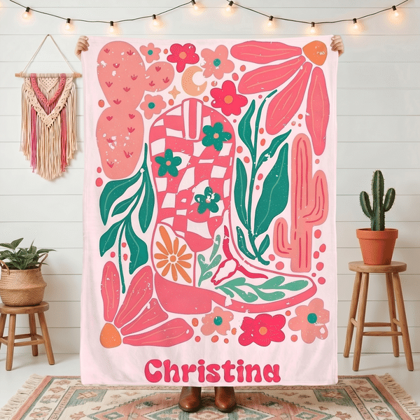 Personalized Retro Boho Watercolor Floral Cowboy Boot Soft Throw Blanket with Name Home Decor Birthday Holiday Gift for Friends Family