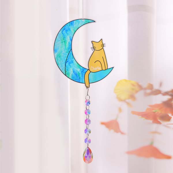 Personalized Fantasy Moon Cat Acrylic Suncatcher with Name and Crystal Pendant Home Decor Memorial Gift for Cat Lover Owner