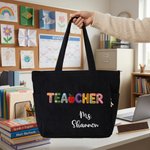 Personalized Cartoon Apple Teacher Name Large Capacity Corduroy Tote Bag with Zipper Daily Use Work Essential Birthday Teacher's Day Gift for Teacher