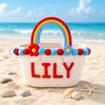Personalized Cute Flower Cotton Rope Kids Beach Bag with Rainbow Style Handle and Name Summer Vacation Beach Party Birthday Gift for Kids Best Friends