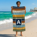 Personalised Retro Stripes Quick Dry Oversized Beach Towel with Initial Name and Drawstring Bag Beach Party Birthday Gift for Female Girl
