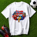 Personlig T-skjorte i 100 % bomull med navn og nummer og fargerikt blekksprutmønster fra VM i fotball - en VM-gave til fotballfans