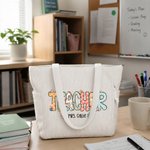 Personalised Flower Teacher Text Large Capacity Corduroy Tote Bag with Zipper Daily Use Work Essential Birthday Teacher's Day Gift for Teacher