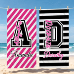 Personalized Black Pink Stripes Oversized Quick Dry Beach Towel with Name and Initial Summer Vacation Accessory Game Day Team Gift for Cheerleader