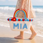 Personalized Cute Flower Cotton Rope Kids Beach Bag with Rainbow Style Handle and Name Summer Vacation Beach Party Birthday Gift for Kids Best Friends