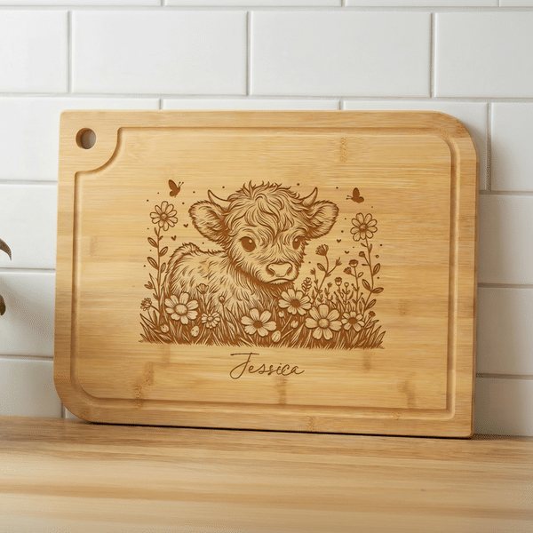 Personalized Sunflower Highland Cow Cutting Board with Engraved Name Daily Use Home Decor Birthday Gift for Mom Grandma Cow Lover