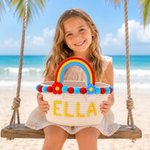 Personalized Cute Flower Cotton Rope Kids Beach Bag with Rainbow Style Handle and Name Summer Vacation Beach Party Birthday Gift for Kids Best Friends