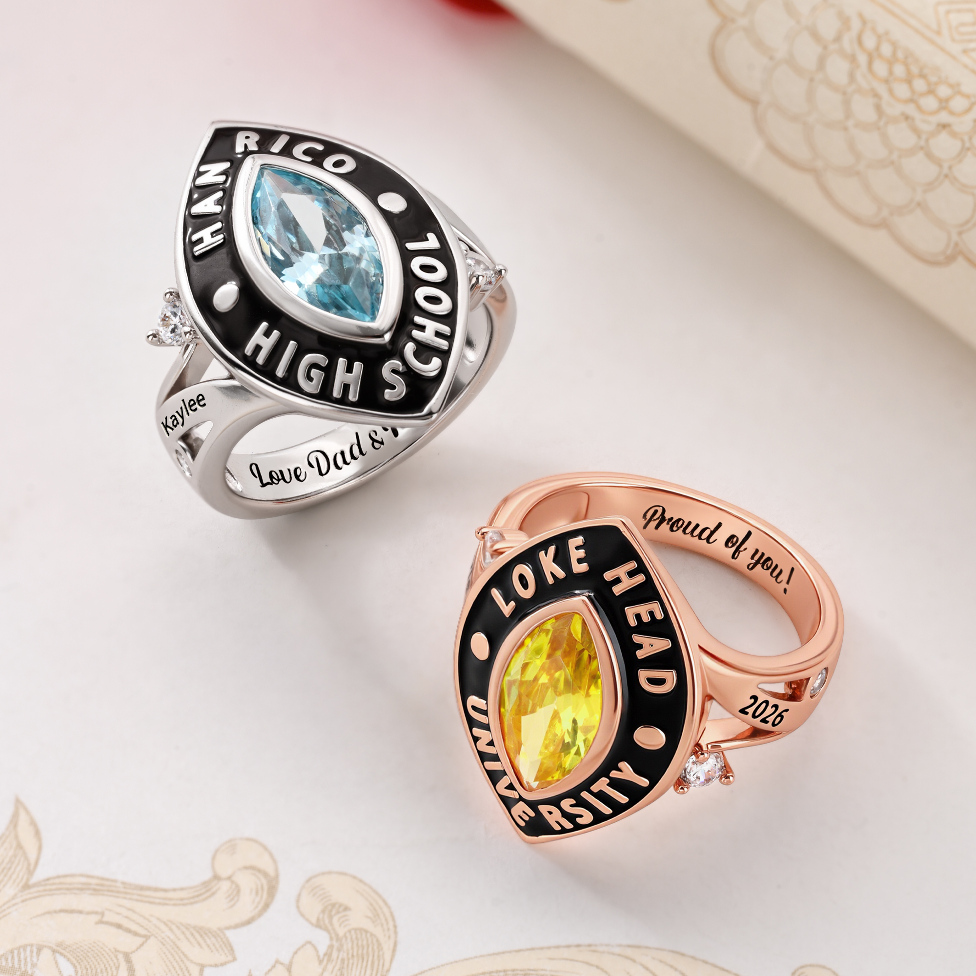 Individuell gestalteter Abschlussring aus Sterlingsilber mit Geburtsstein, Text und Schulnamen – Geschenk zur Abschlussfeier und zum „Senior Night“-Abend für Absolventen