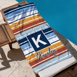 Personalised Retro Stripes Quick Dry Oversized Beach Towel with Initial Name and Drawstring Bag Beach Party Birthday Gift for Female Girl