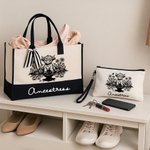 Personalized Highland Cow Sunflower Canvas Tote Bag Linen Makeup Bag with Name Birthday Mother's Day Gift for Highland Cow Lovers