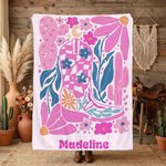 Personalised Retro Boho Watercolour Floral Cowboy Boot Soft Throw Blanket with Name Home Decor Birthday Holiday Gift for Friends Family
