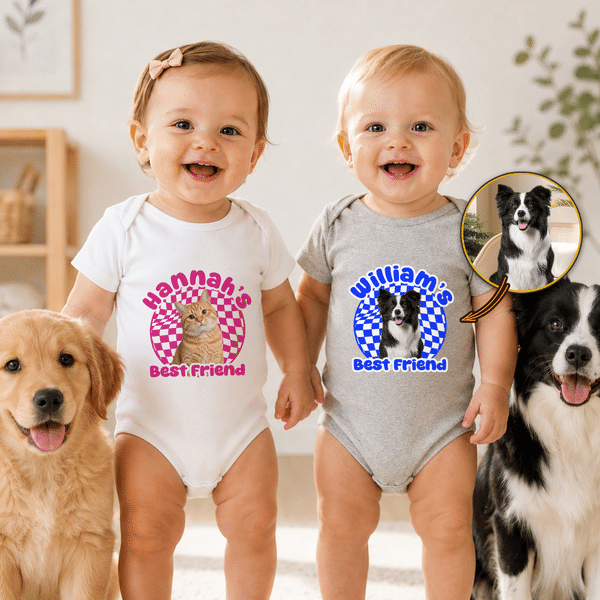 Body pour bébé 100 % coton personnalisé avec photo de votre animal de compagnie et motif « Best Friend » en damier, avec prénom – Cadeau de naissance ou d’anniversaire pour fille ou garçon