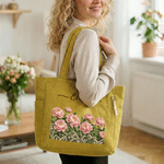 Personalized Lace Patchwork Style Birth Flower Large Capacity Corduroy Tote Bag with Name Daily Use Travel Birthday Gift for Woman