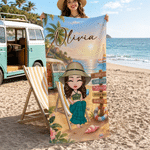 Personalized Cartoon Character Vacation Camping Quick Dry Oversized Beach Towel with Name Summer Vacation Birthday Gift for Family Friends